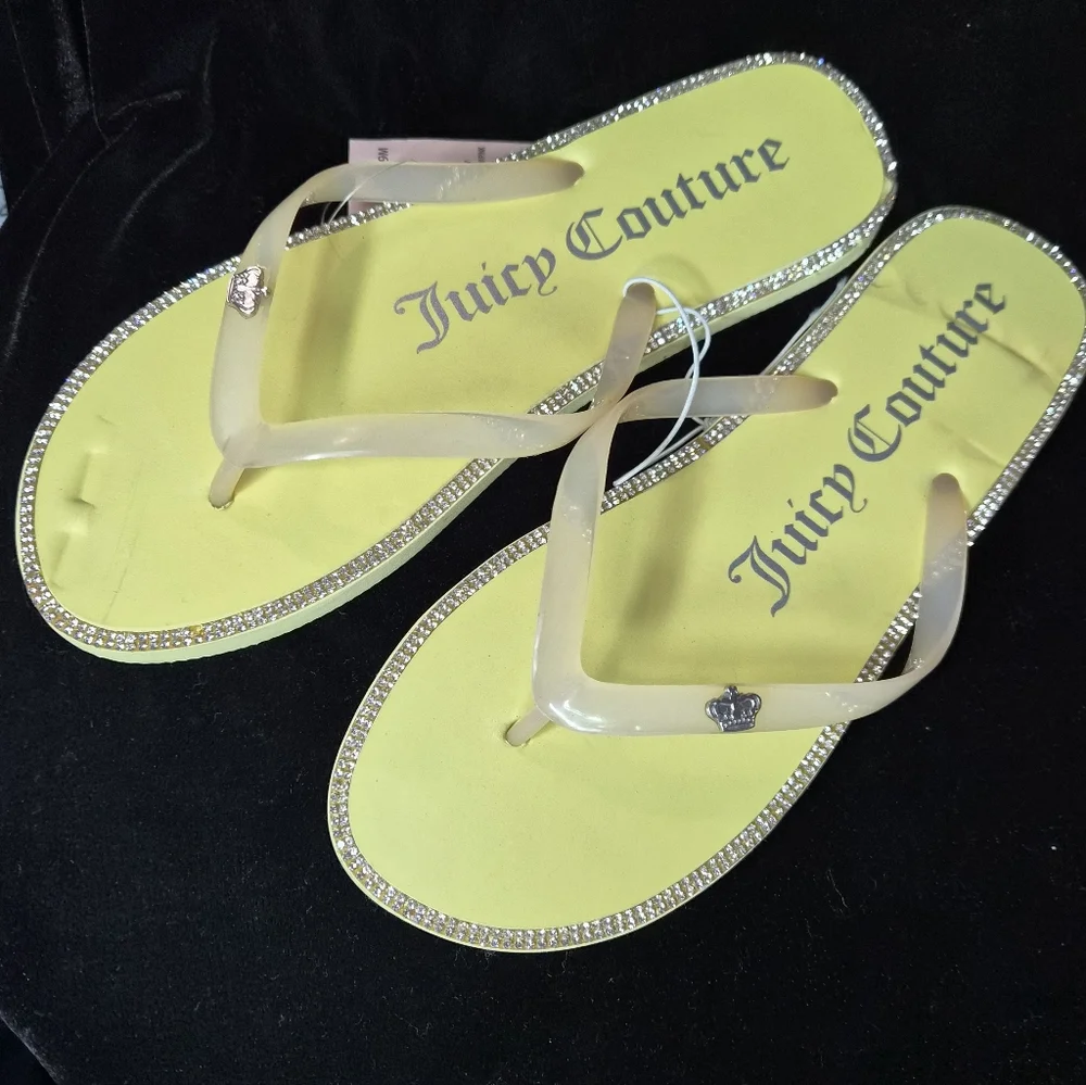 NWT Juicy Couture Yellow Flip Flops with Rhinestone Trim